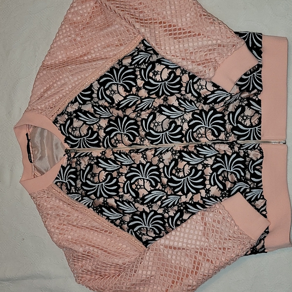 INA jacket lace netted sleeves zipper closure peach black white sz Large